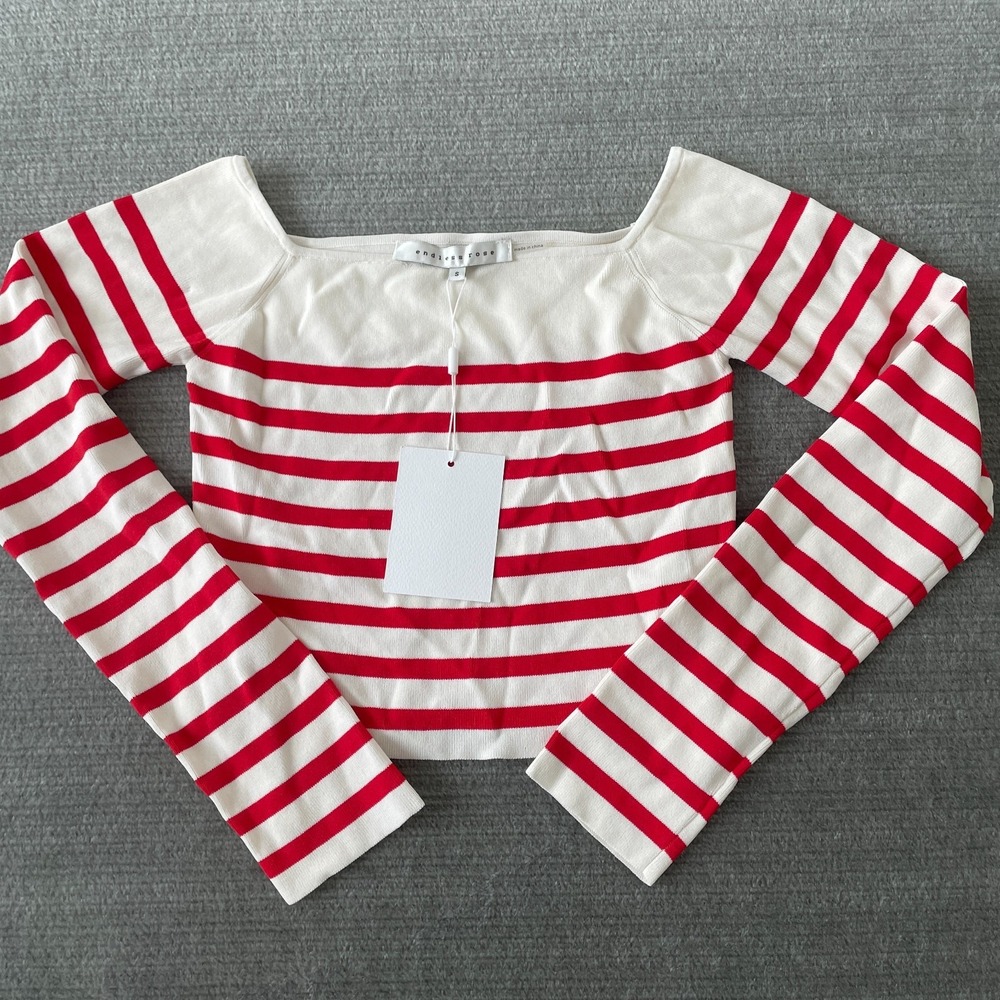 Endless Rose Knit Off Shoulder Sweater Womens Small Red Striped Stretch Cropped